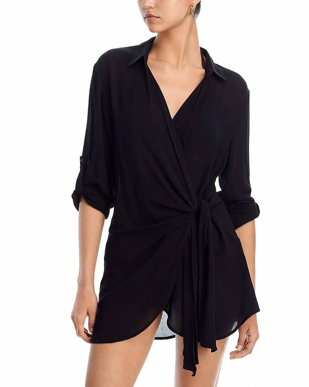 NEW AQUA wrap shirt swim cover-up mini dress in black